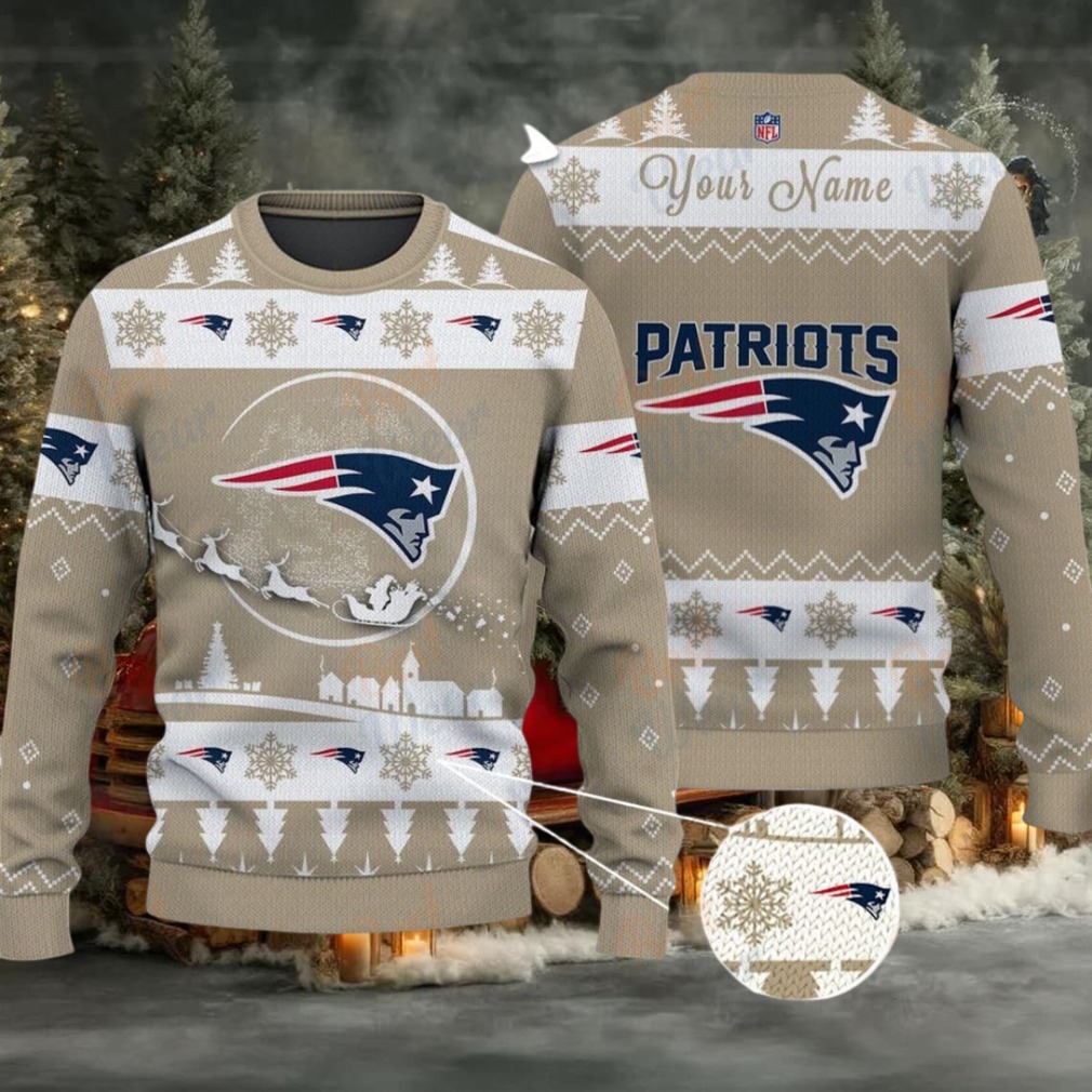 Khaki New England Patriots NFL Ugly Christmas Sweater Name Customized Khaki New England Patriots NFL Ugly Christmas Sweater Name Customized