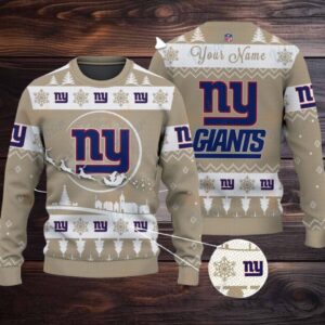 Khaki New York Giants NFL Ugly Christmas Sweater Name Customized