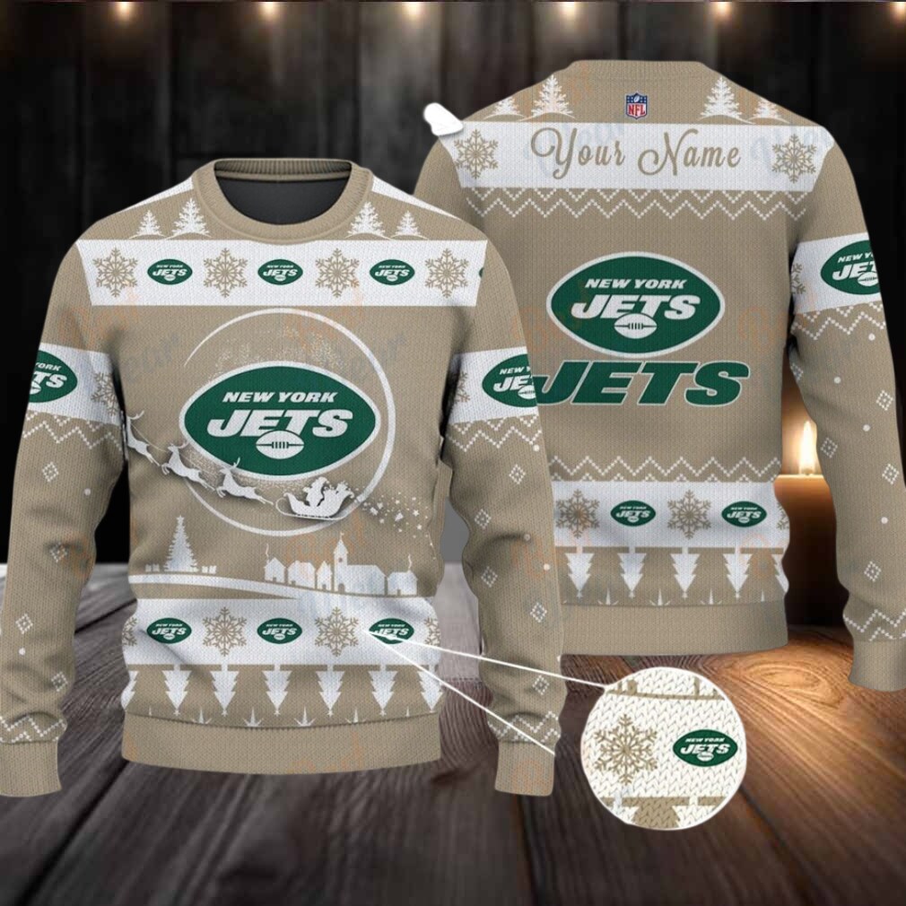 Khaki New York Jets NFL Ugly Christmas Sweater Name Customized Khaki New York Jets NFL Ugly Christmas Sweater Name Customized