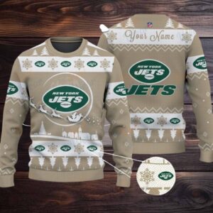 Khaki New York Jets NFL Ugly Christmas Sweater Name Customized