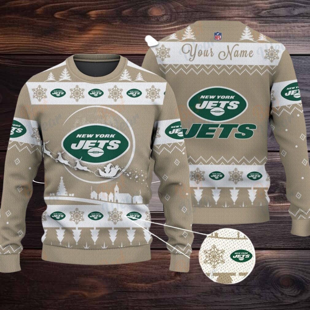 Khaki New York Jets NFL Ugly Christmas Sweater Name Customized Khaki New York Jets NFL Ugly Christmas Sweater Name Customized