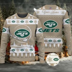 Khaki New York Jets NFL Ugly Christmas Sweater Name Customized