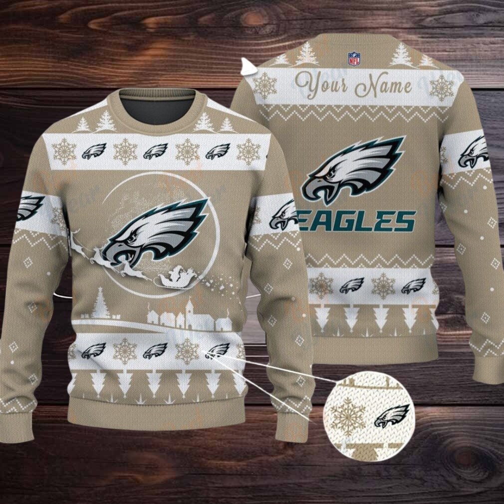 Khaki Philadelphia Eagles NFL Ugly Christmas Sweater Name Customized Khaki Philadelphia Eagles NFL Ugly Christmas Sweater Name Customized