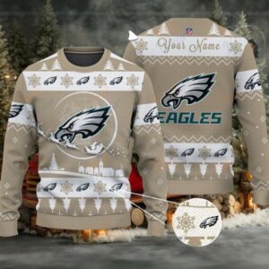 Khaki Philadelphia Eagles NFL Ugly Christmas Sweater Name Customized