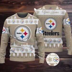 Khaki Pittsburgh Steelers NFL Ugly Christmas Sweater Name Customized (1)