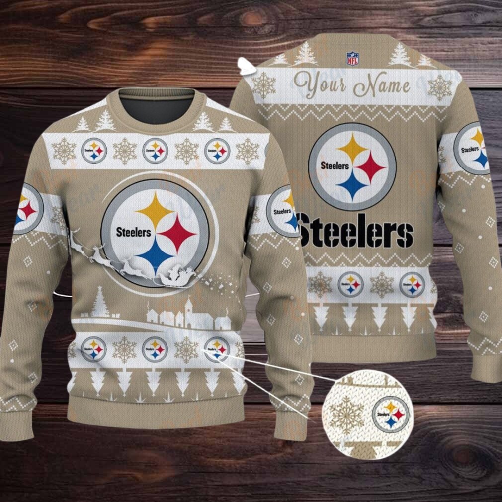 Khaki Pittsburgh Steelers NFL Ugly Christmas Sweater Name Customized Khaki Pittsburgh Steelers NFL Ugly Christmas Sweater Name Customized