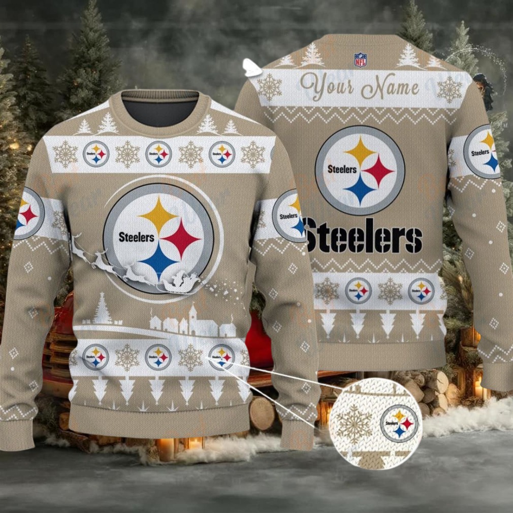 Khaki Pittsburgh Steelers NFL Ugly Christmas Sweater Name Customized Khaki Pittsburgh Steelers NFL Ugly Christmas Sweater Name Customized