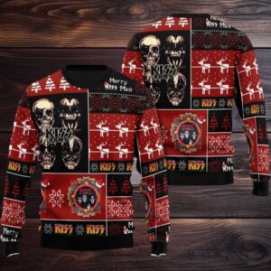 Kiss Skull Kiss Army Checker Board Pattern Retro Style Knitted Ugly Christmas Sweater