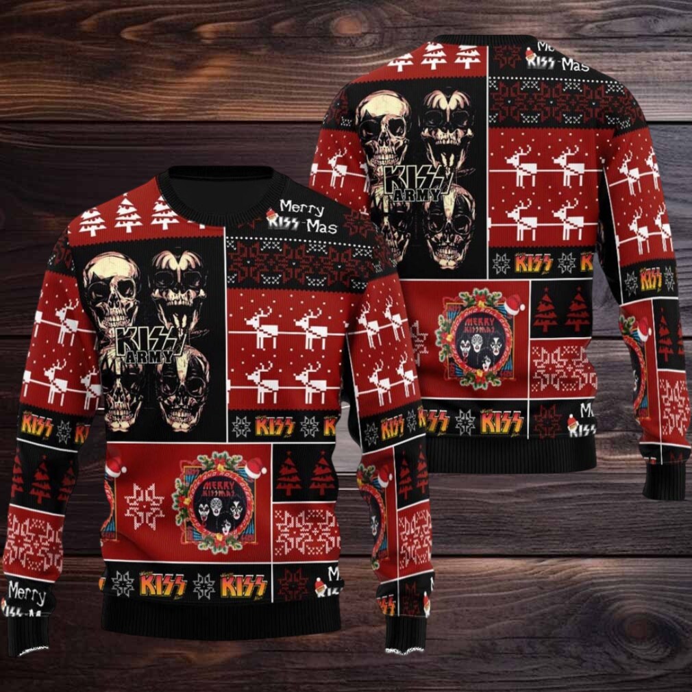 Kiss Skull Kiss Army Checker Board Pattern Retro Style Knitted Ugly Christmas Sweater Kiss Skull Kiss Army Checker Board Pattern Retro Style Knitted Ugly Christmas Sweater