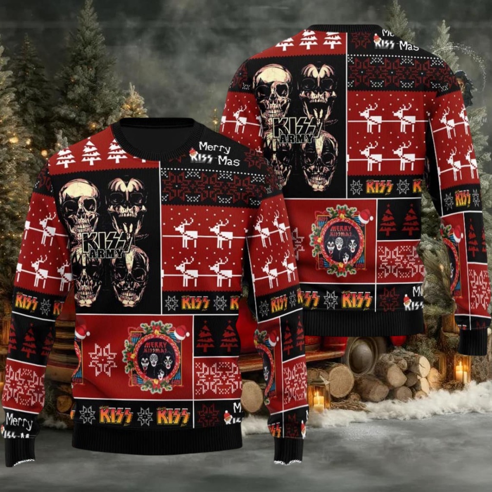Kiss Skull Kiss Army Checker Board Pattern Retro Style Knitted Ugly Christmas Sweater Kiss Skull Kiss Army Checker Board Pattern Retro Style Knitted Ugly Christmas Sweater