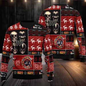 Kiss Skull Kiss Army Checker Board Pattern Retro Style Knitted Ugly Christmas Sweater