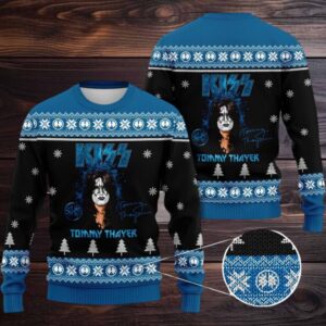 Kiss Tommy Thayer With Signature Holiday Gift Style Blue Ugly Christmas Sweater