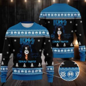 Kiss Tommy Thayer With Signature Holiday Gift Style Blue Ugly Christmas Sweater