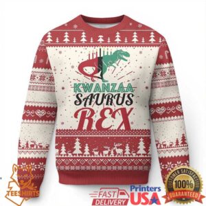 Kwanzaa Saurus Rex Kinara Candles Dinosaur T rex African Heritage Ugly Christmas Sweater