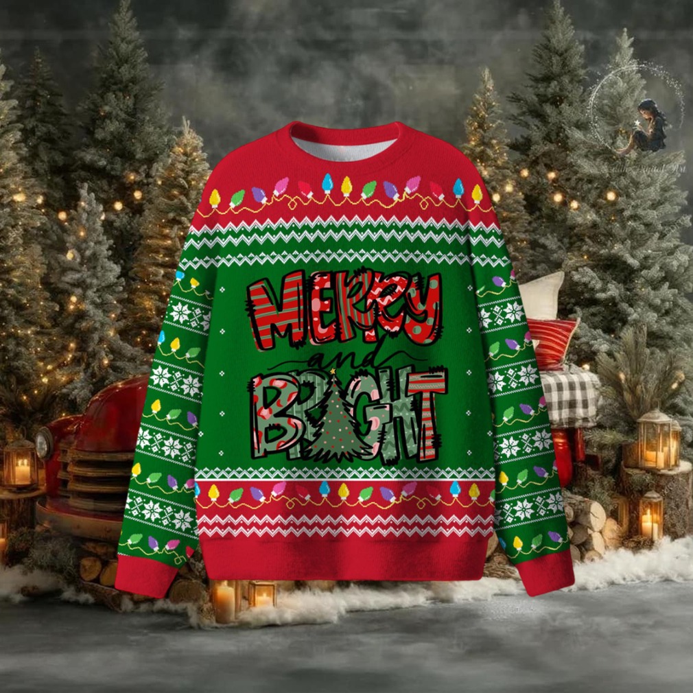 Person wearing Merry And Bright Christmas Ugly Sweater enjoying the holidays