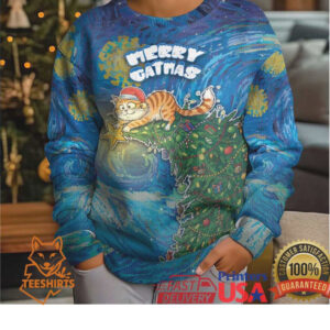 Merry Catmas Kid Ugly Christmas Sweater Cat Hanging On Xmas Tree