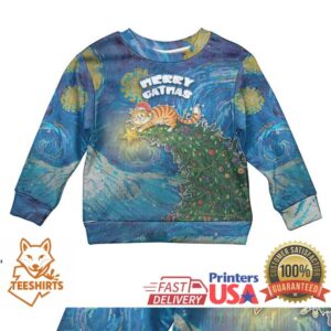 Merry Catmas Kid Ugly Christmas Sweater Cat Hanging On Xmas Tree