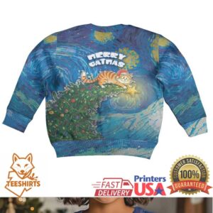 Merry Catmas Kid Ugly Christmas Sweater Cat Hanging On Xmas Tree
