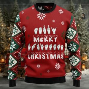 Merry Christmas Sign Language Ugly Sweater Festive ASL Holiday Jumper Unique Christmas Gift for Sign Language Enthusiasts