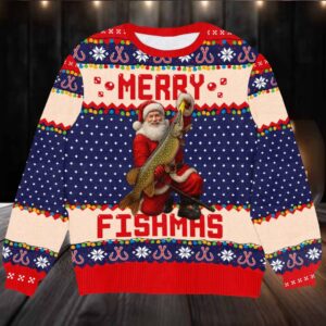 Merry Fishmas Ugly Christmas Sweater, Santa Holding Giant Fish Knit, Funny Fisherman & Angler Holiday Party Pullover
