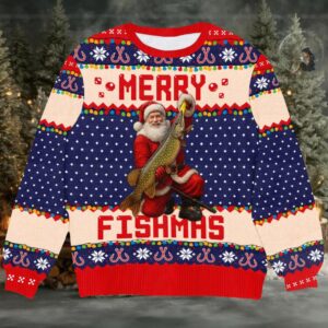 Merry Fishmas Ugly Christmas Sweater, Santa Holding Giant Fish Knit, Funny Fisherman & Angler Holiday Party Pullover