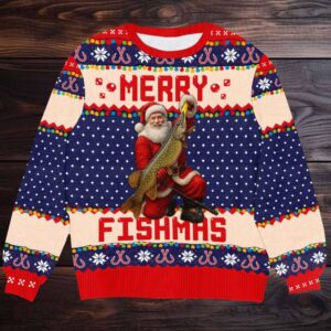 Merry Fishmas Ugly Christmas Sweater, Santa Holding Giant Fish Knit, Funny Fisherman & Angler Holiday Party Pullover