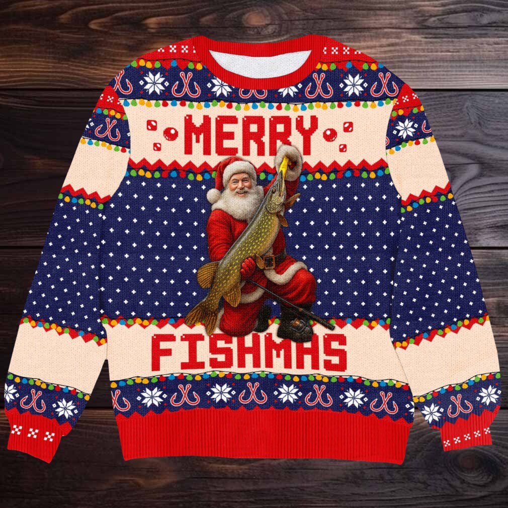 Merry Fishmas Ugly Christmas Sweater, Santa Holding Giant Fish Knit, Funny Fisherman & Angler Holiday Party Pullover Merry Fishmas Ugly Christmas Sweater, Santa Holding Giant Fish Knit, Funny Fisherman & Angler Holiday Party Pullover