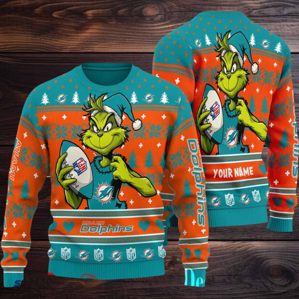 Miami Dolphins Grinch With Ball NFL Ugly Christmas Sweaters Miami Dolphins Grinch With Ball NFL Ugly Christmas Sweaters