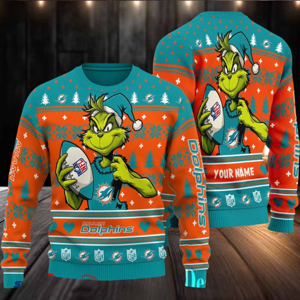 Miami Dolphins Grinch With Ball NFL Ugly Christmas Sweaters Miami Dolphins Grinch With Ball NFL Ugly Christmas Sweaters