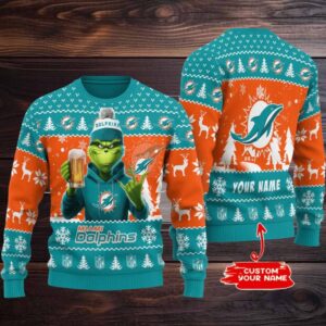 Miami Dolphins Grinch With Beer Ugly Christmas Sweate