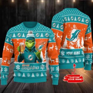 Miami Dolphins Grinch With Beer Ugly Christmas Sweate