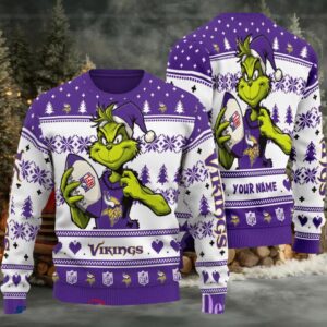Minnesota Vikings Grinch With Ball NFL Ugly Christmas Sweaters