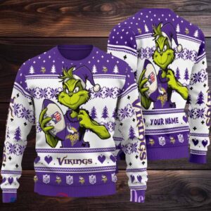 Minnesota Vikings Grinch With Ball NFL Ugly Christmas Sweaters