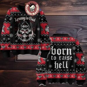 Motorhead Lemmy Is God Born To Raise Hell Signature Red And Black Ugly Christmas Sweater