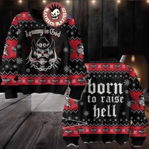 Motorhead Lemmy Is God Born To Raise Hell Signature Red And Black Ugly Christmas Sweater