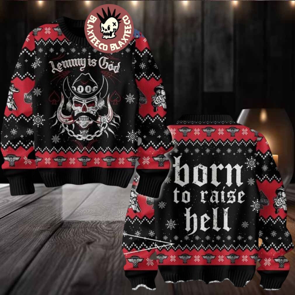 Motorhead Lemmy Is God Born To Raise Hell Signature Red And Black Ugly Christmas Sweater Motorhead Lemmy Is God Born To Raise Hell Signature Red And Black Ugly Christmas Sweater