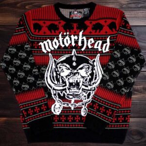 Motorhead Xmas Snaggletooth Big Logo Ace Of Spades Pattern Knitted Black And Red Ugly Christmas Sweater