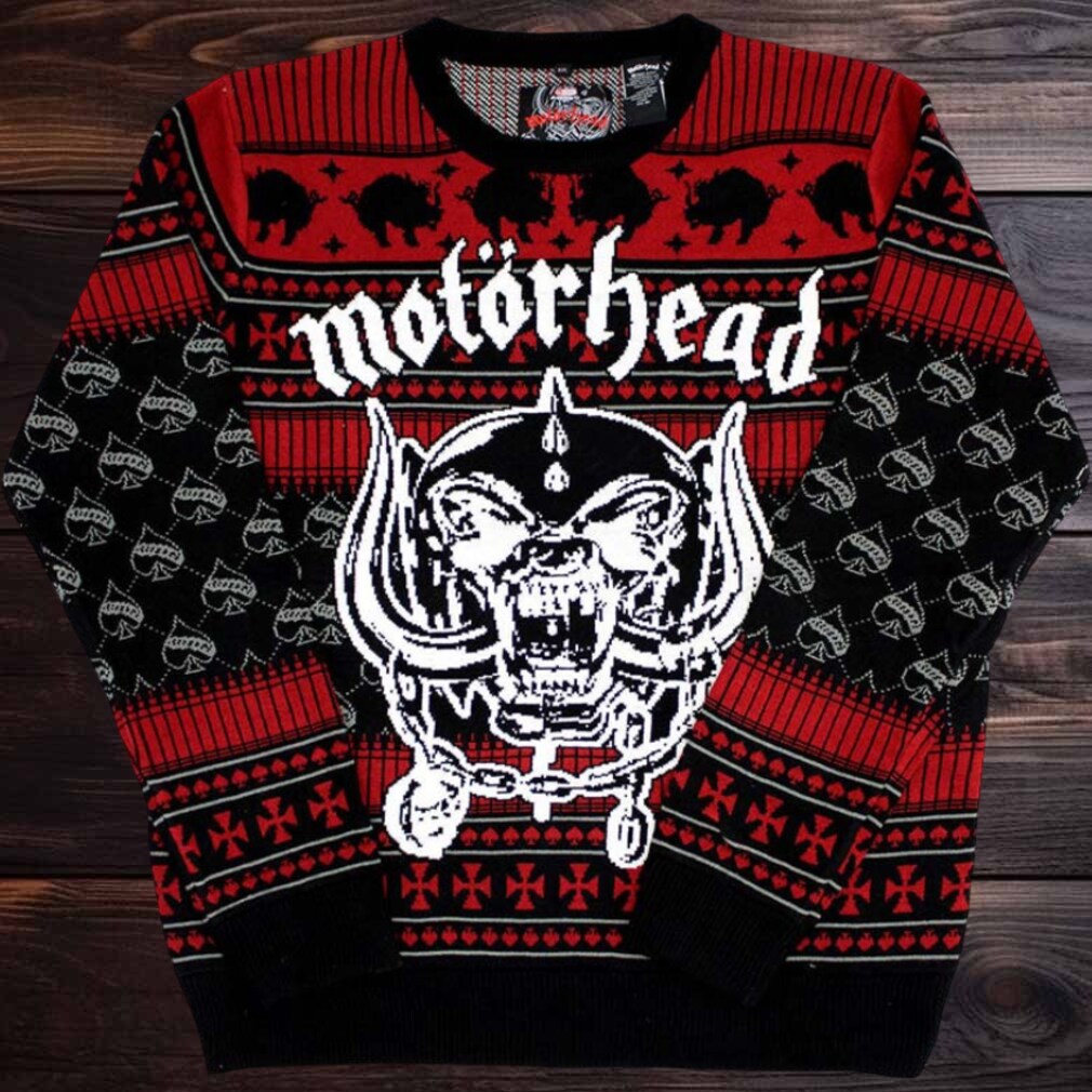 Motorhead Xmas Snaggletooth Big Logo Ace Of Spades Pattern Knitted Black And Red Ugly Christmas Sweater Motorhead Xmas Snaggletooth Big Logo Ace Of Spades Pattern Knitted Black And Red Ugly Christmas Sweater