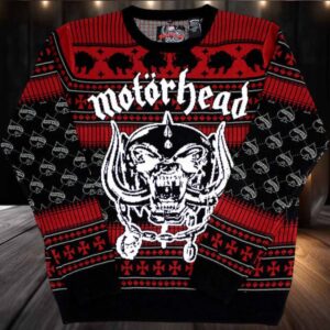 Motorhead Xmas Snaggletooth Big Logo Ace Of Spades Pattern Knitted Black And Red Ugly Christmas Sweater
