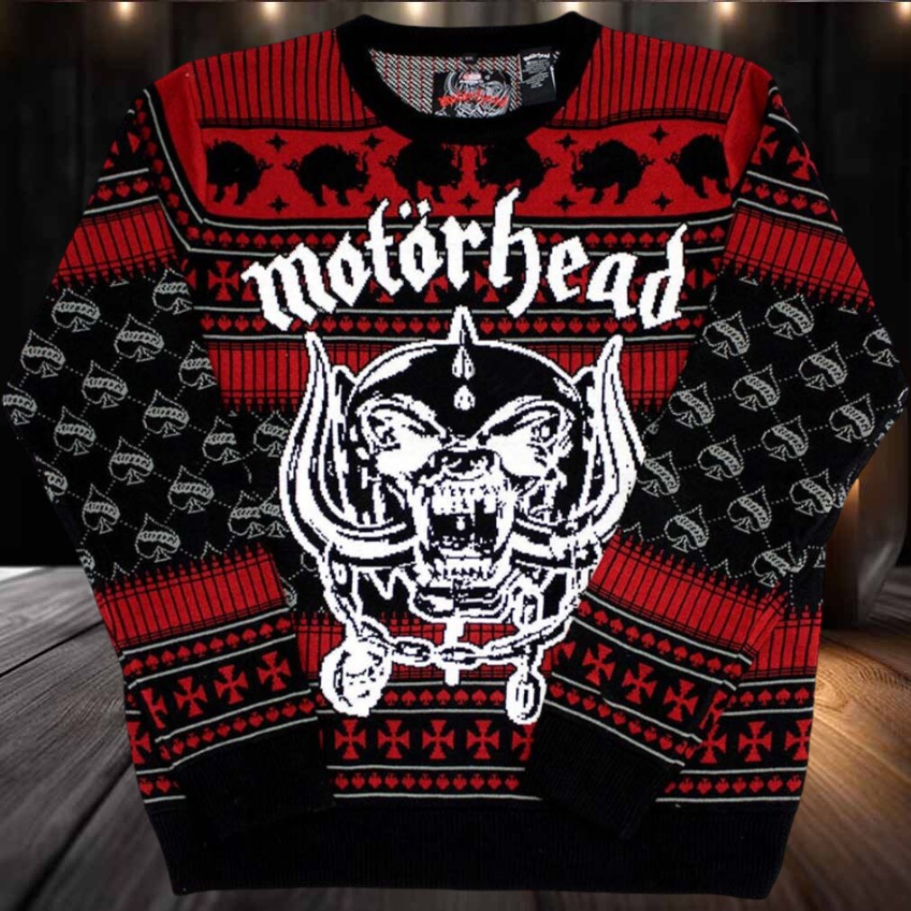 Motorhead Xmas Snaggletooth Big Logo Ace Of Spades Pattern Knitted Black And Red Ugly Christmas Sweater Motorhead Xmas Snaggletooth Big Logo Ace Of Spades Pattern Knitted Black And Red Ugly Christmas Sweater