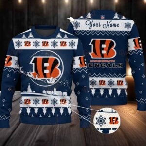 Navy Cincinnati Bengals NFL Ugly Christmas Sweater Name Customized