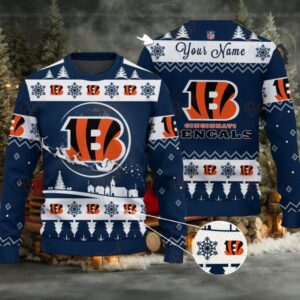 Navy Cincinnati Bengals NFL Ugly Christmas Sweater Name Customized