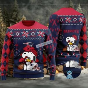 New England Patriots Snoopy Woodstock Santa Ugly Sweater Party Blue Red