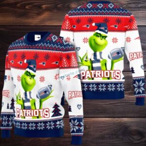 New England Patriots The Grinch Ugly Christmas Sweatshirt Womens White Blue