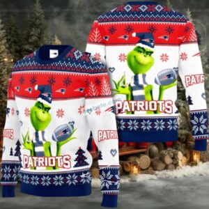 New England Patriots The Grinch Ugly Christmas Sweatshirt Womens White Blue