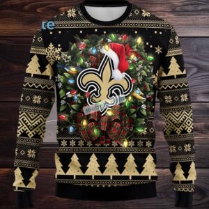 New Orleans Saints Christmas Wreath Ugly Christmas Sweater Black Yellow Ladies