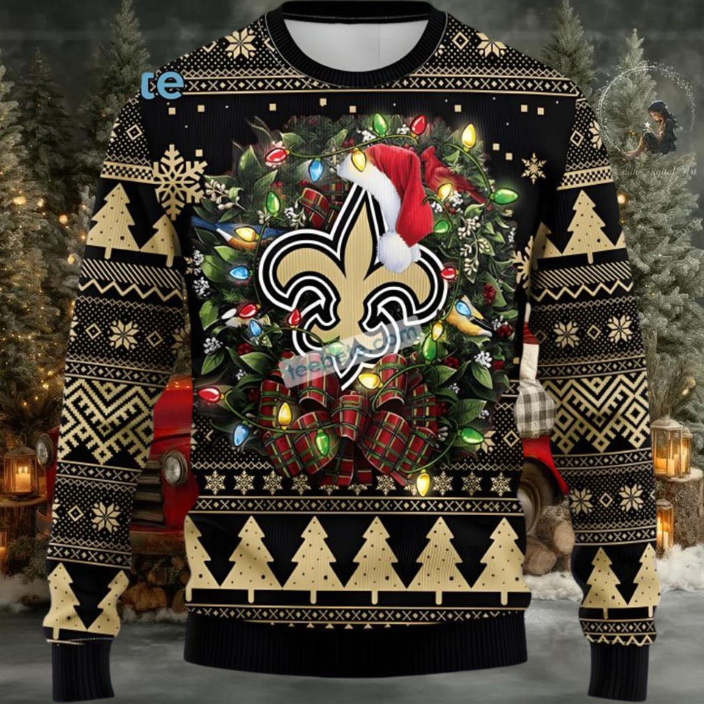 New Orleans Saints Christmas Wreath Ugly Christmas Sweater Black Yellow Ladies New Orleans Saints Christmas Wreath Ugly Christmas Sweater Black Yellow Ladies