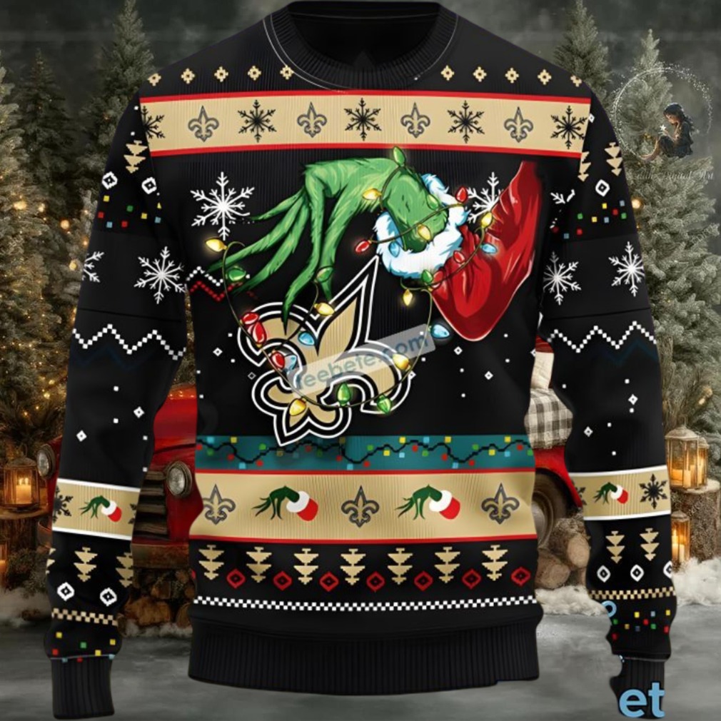 New Orleans Saints Grinch Hand Ugly Christmas Sweater Black Cute New Orleans Saints Grinch Hand Ugly Christmas Sweater Black Cute