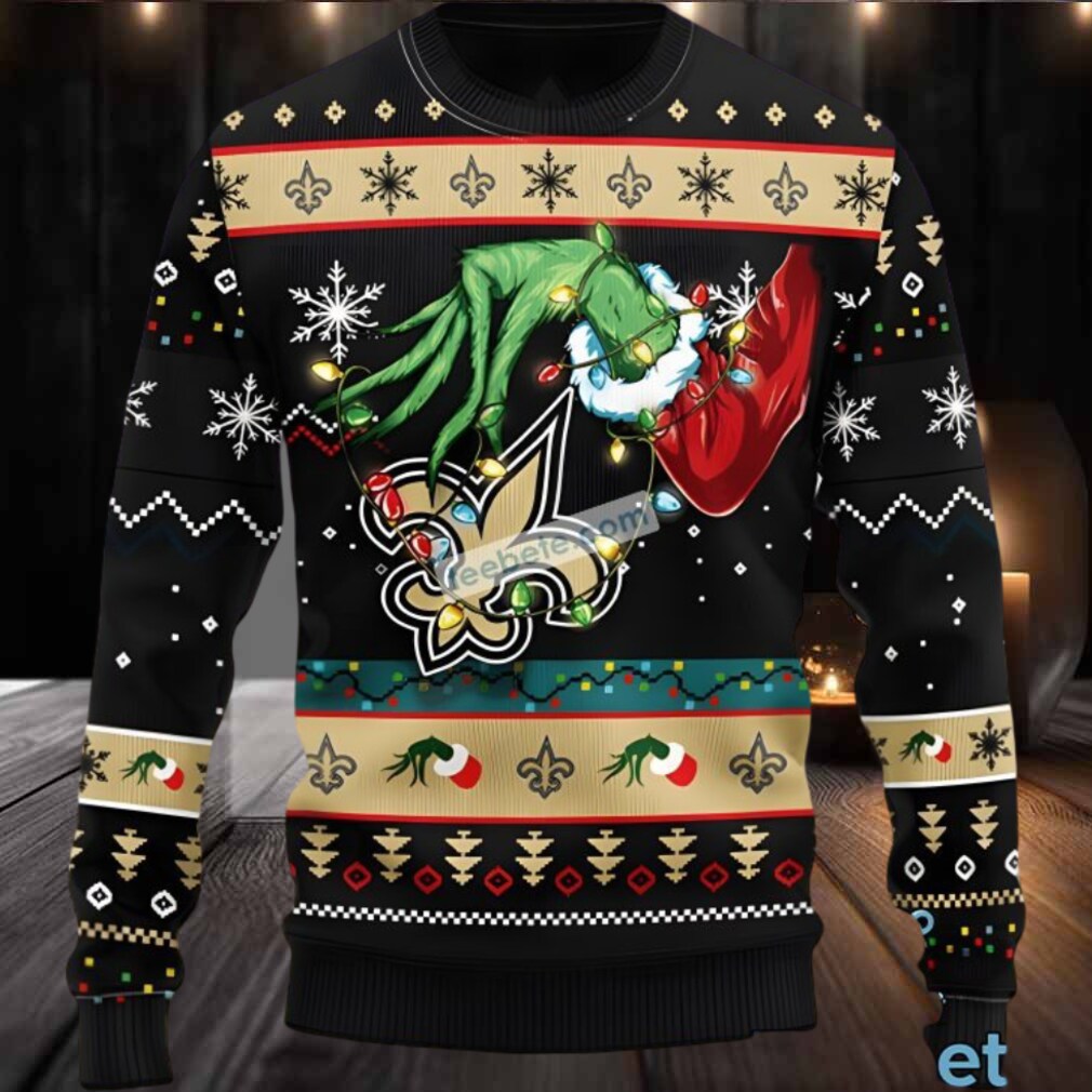 New Orleans Saints Grinch Hand Ugly Christmas Sweater Black Cute New Orleans Saints Grinch Hand Ugly Christmas Sweater Black Cute