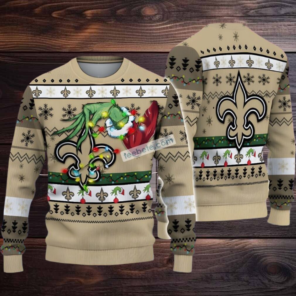 New Orleans Saints Grinch Hand Ugly Xmas Sweater White Yellow Womens New Orleans Saints Grinch Hand Ugly Xmas Sweater White Yellow Womens